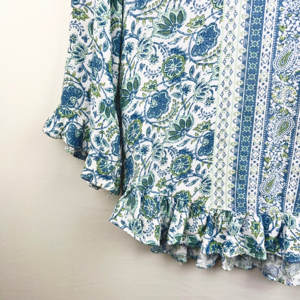 Boho Womens S Ruffle Floral Blouse Rose & Thyme Blue Paisley Peasant Top Cottege - Picture 10 of 11